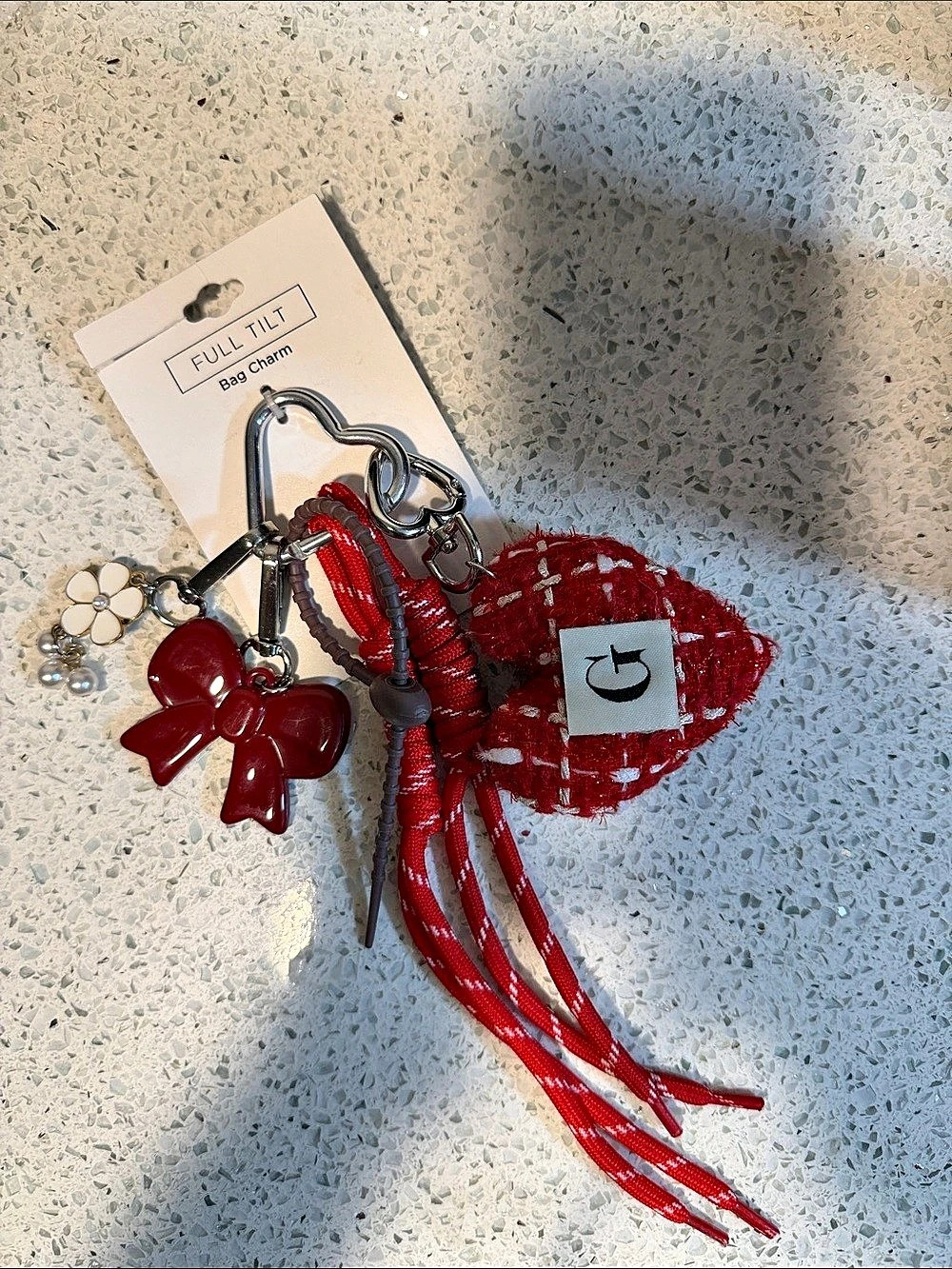 FULL TILT Bag Charm KeyChain Red White & Silver Hearts & Bows NWT